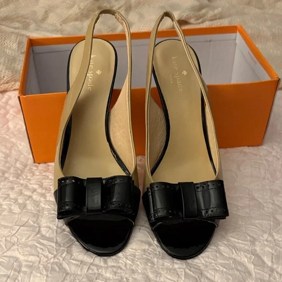 kate spade Beige and Black Peep-Toe Slingback Mules with Bow - Picture 1 of 6